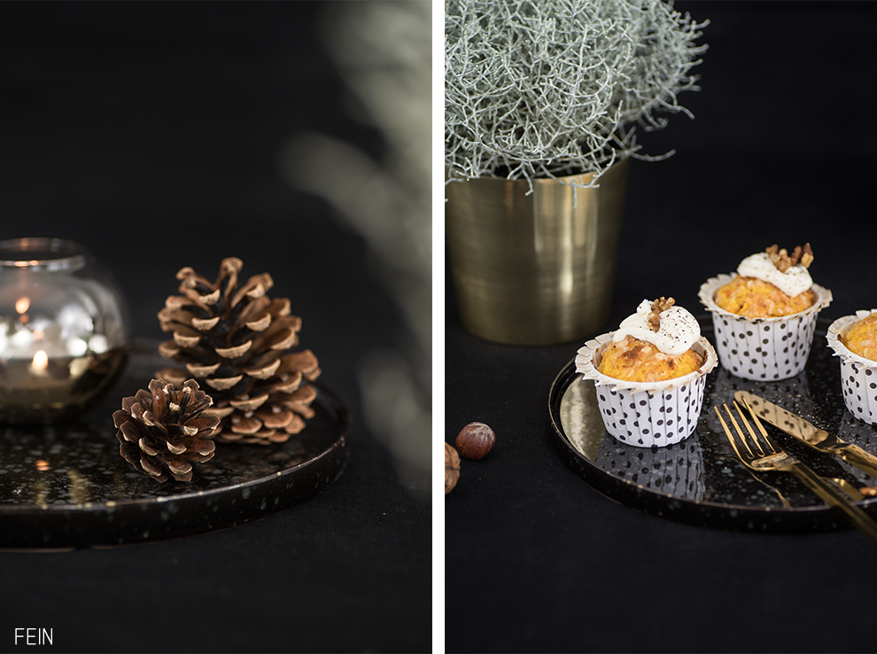 Kürbismuffins Herbst gold schwarz Deko