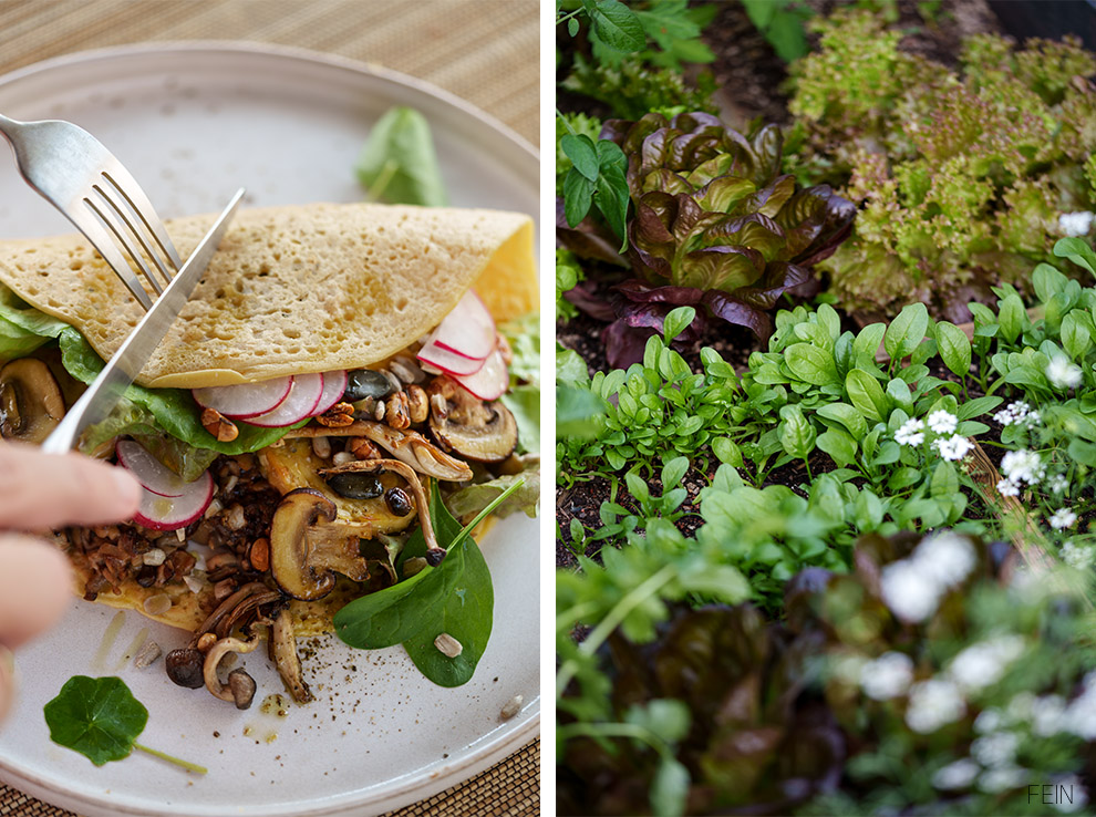 Kichererbsen-Crêpes mit Pilz-Nuss-Duxelles Spätsommer