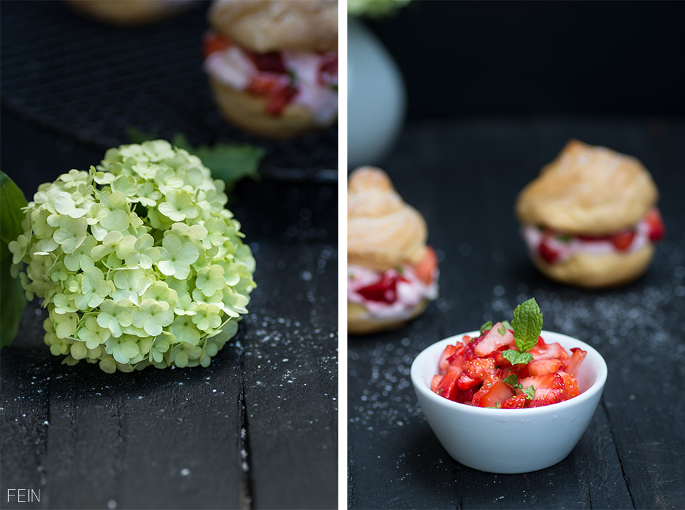 Schneeball Blume Puderzucker Erdbeeren