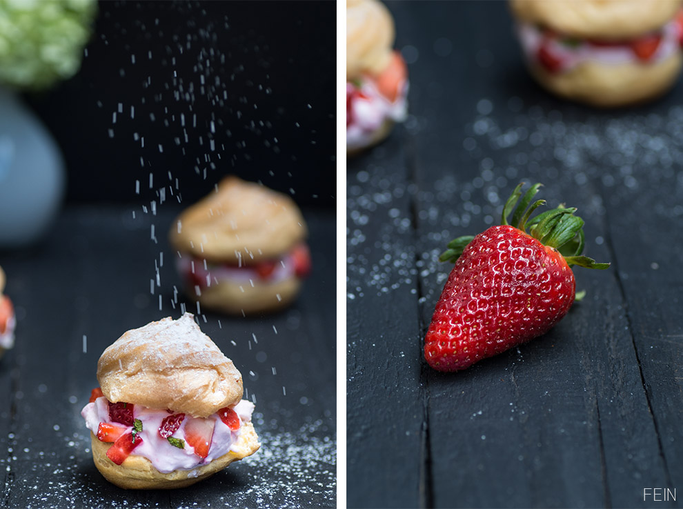 Windbeutel Erdbeer Sahne Puderzucker